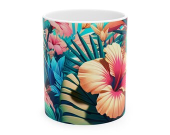 Tropical Ceramic Mug Hibiscus Floral Coffee Cup Beach Hawaiian Tea Mug Summer Theme Botanical Gift Tropical Island Good Vibes Happy