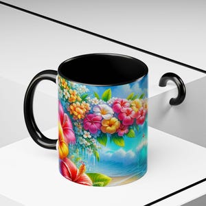Tropical Beach Scene Coffee Mug, Ocean Waves Floral Cup, Hawaiian Drinkware, Beach Lover Gift, Summer Mug, Vacation Essentials