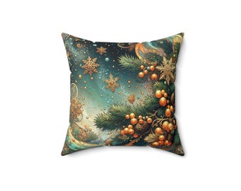 Könnte beinhalten: Quadratisches Kissen mit festlichem Weihnachtsdesign. Das Kissen hat einen türkis- und marineblauen Hintergrund mit goldenen Schneeflocken, Tannennadeln, Beeren und Tannenzapfen. Das Design hat einen skurrilen, illustrierten Stil.