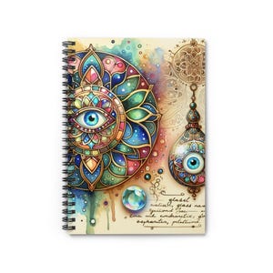 Cuaderno de espiral bohemio: diario bohemio chic y llamativo para escribir, diario, bocetos artísticos, regalo para ella, protección contra el mal de ojo