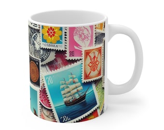 World Traveler's 11oz Mug - Vintage Stamp Design, Perfect Gift for Adventurers, Coffee Lovers, Travel Enthusiasts, Collage mug, Stamps