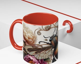 Botanical Insect Coffee Mug 11oz, Nature Lover's Gift, Butterfly and Bee Floral Design, Unique Tea Cup, Home Decor