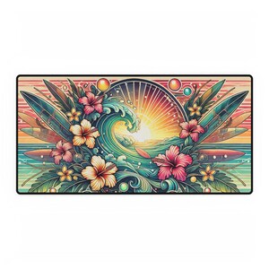 Puede incluir: Una ilustración colorida de una ola rompiendo con flores tropicales y tablas de surf. La ola es azul y verde, las flores son rosas, rojas, amarillas y naranjas, y las tablas de surf son marrones y blancas.