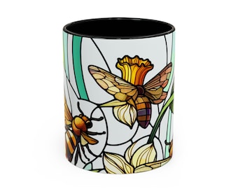 Botanical Bee Accent Coffee Mug 11oz | Floral Cup for Garden Lovers | Spring Gift, Nature Lover Mug, Bee Decor, Home Office Drinkware