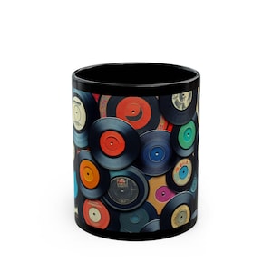 Retro Vinyl Record Black Mug, Music Lover Gift, Coffee Cup for Musicians, Vintage Records Kitchen Decor, Espresso Mug, Album Art
