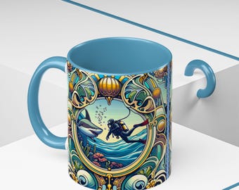 Underwater Scuba Diving Adventure Coffee Mug | Ocean Lover Gift, Shark Mug, Diver Coffee Cup, Sea Life Art, Unique Collectible
