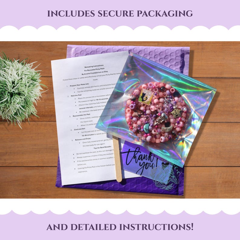May include: A package with a purple bubble mailer, instructions, and a clear bag containing a pink and purple beaded item. The clear bag has a holographic sheen. A small card says "thank you!"