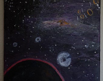 May include: A painting depicting a dark, starry night sky with a red-rimmed planet in the foreground. The sky is filled with white stars and a faint, swirling galaxy in the distance. There are also several white and yellow circles scattered throughout the sky.