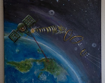 Original Outer Space Alien UFO Artwork Painting, Hand-painted, One of a kind