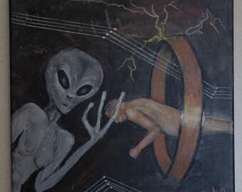 Original Outer Space Alien Artwork Painting, Hand-painted, One of a kind