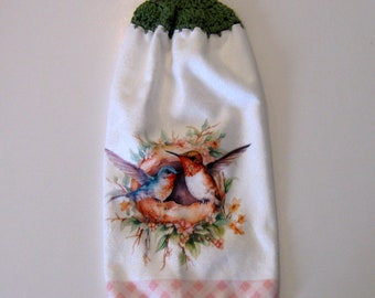 Hummingbird Hanging Towel, Kitchen Towel, Spring Towel, Hanging Towel, Kitchen supplies, Handmade by NormasTreasures
