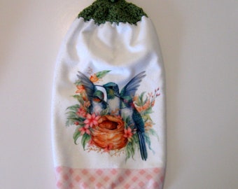 Hummingbird Hanging Towel, Kitchen Towel, Spring Towel, Hanging Towel, Kitchen supplies, Handmade by NormasTreasures