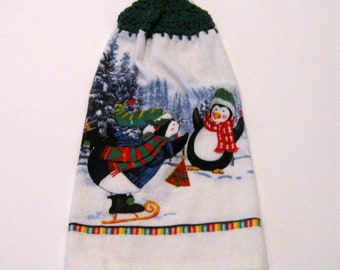 Penguins , Hanging Towel, Kitchen supplies, Winter Scene, Christmas Gift, Hostess Gift, Handmade by NormasTreasures