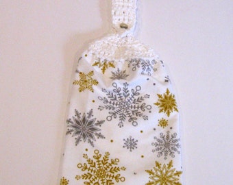 Silver Gold SnowflakeTowel,  Christmas Towel, Hanging Towel, Kitchen supplies, Christmas Gift, Hostess Gift, Handmade by NormasTreasures