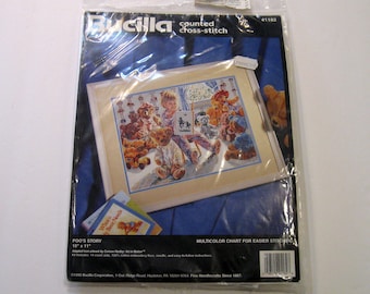 Counted Cross Stitch Kit, Teddy Bears , 14 count , Ivory Aida Cloth, 15" by 11", New in Package, 1995 Bucilla, by NormasTreasures