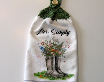 Wild Flowers in  Boots, Kitchen Towel, Spring Towel, Hanging Towel, Kitchen supplies, Handmade by NormasTreasures