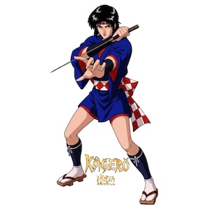 May include: An anime-style character with black hair wearing a blue kimono with red trim, a red and white checkered sash, black arm guards, and black leg wraps with wooden sandals. The character holds a katana. Text reads KAGERO NINJA SCROLL.