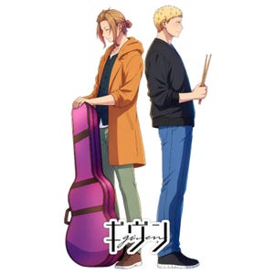 May include: Two anime characters standing back-to-back. One character wears an orange coat, dark shirt, and light pants, holding a large magenta guitar case. The other wears a black jacket and blue jeans, holding two drumsticks. Text reads Given.