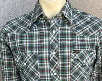 Wrangler 1980s western perle snap manches longues chemise à col à carreaux vert serré - taille moyenne