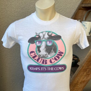 Camiseta vintage de vaca Club Cow Kemps Ice Cream dos anos 80 - branca, tamanho médio (pequeno)