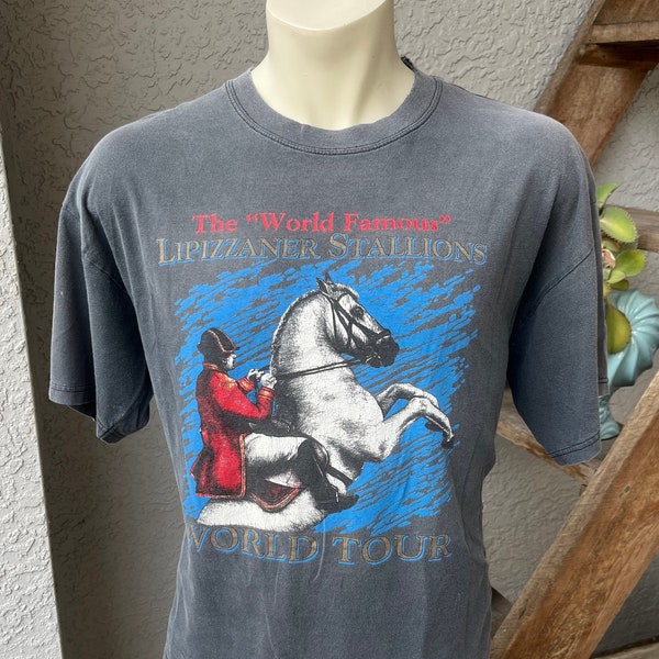 Lipizzaner Stallions World Tour 1990s vintage destroyed t-shirt - faded to gray size short XL