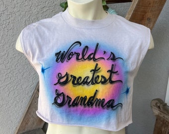 World's Greatest Grandma 1980s airbrushed cropped sleeveless tee shirt - gray size large