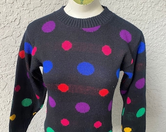 Polka dots 1980s black vintage knit sweater - size small/XS