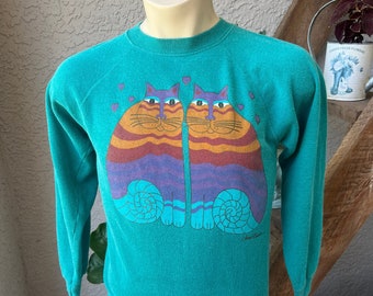 Laurel Burch Cats - 1980s Faded Teal Vintage Sweatshirt - Size Medium