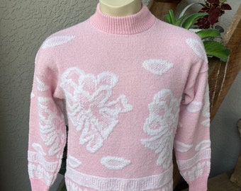 1980s pink shimmery flowers vintage knit sweater - size medium/large