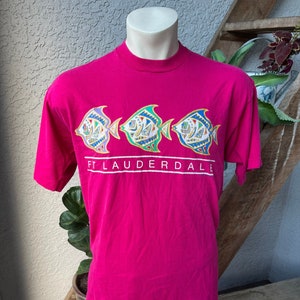 Ft Lauderdale 1990s vintage tourist t-shirt soft - pink with fish size extra large