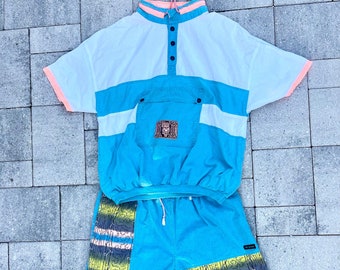 Mens 1980s Beach Shirt and Shorts 2 Pieces Set - pastel turquoise and white size L/XL