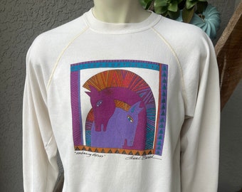 Embracing Horses by Laurel Burch - 1980s off white vintage sweatshirt - size L/XL