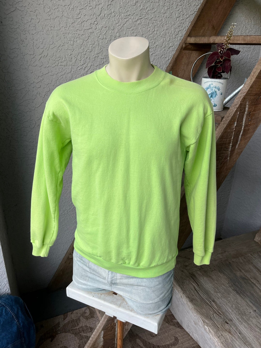 Soft 1990s Vintage Plain Neon Green Sweatshirt Blank Size Medium Etsy