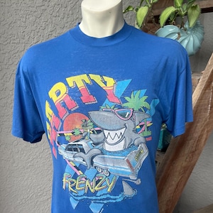 Vintage 90s Neon Shark T-shirt: Distressed Party Frenzy Tee, Large