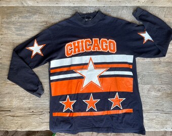 Chicago Bears Vintage 80er Jahre Langarm T-Shirt - Bugle Boy Faded Black in Übergröße