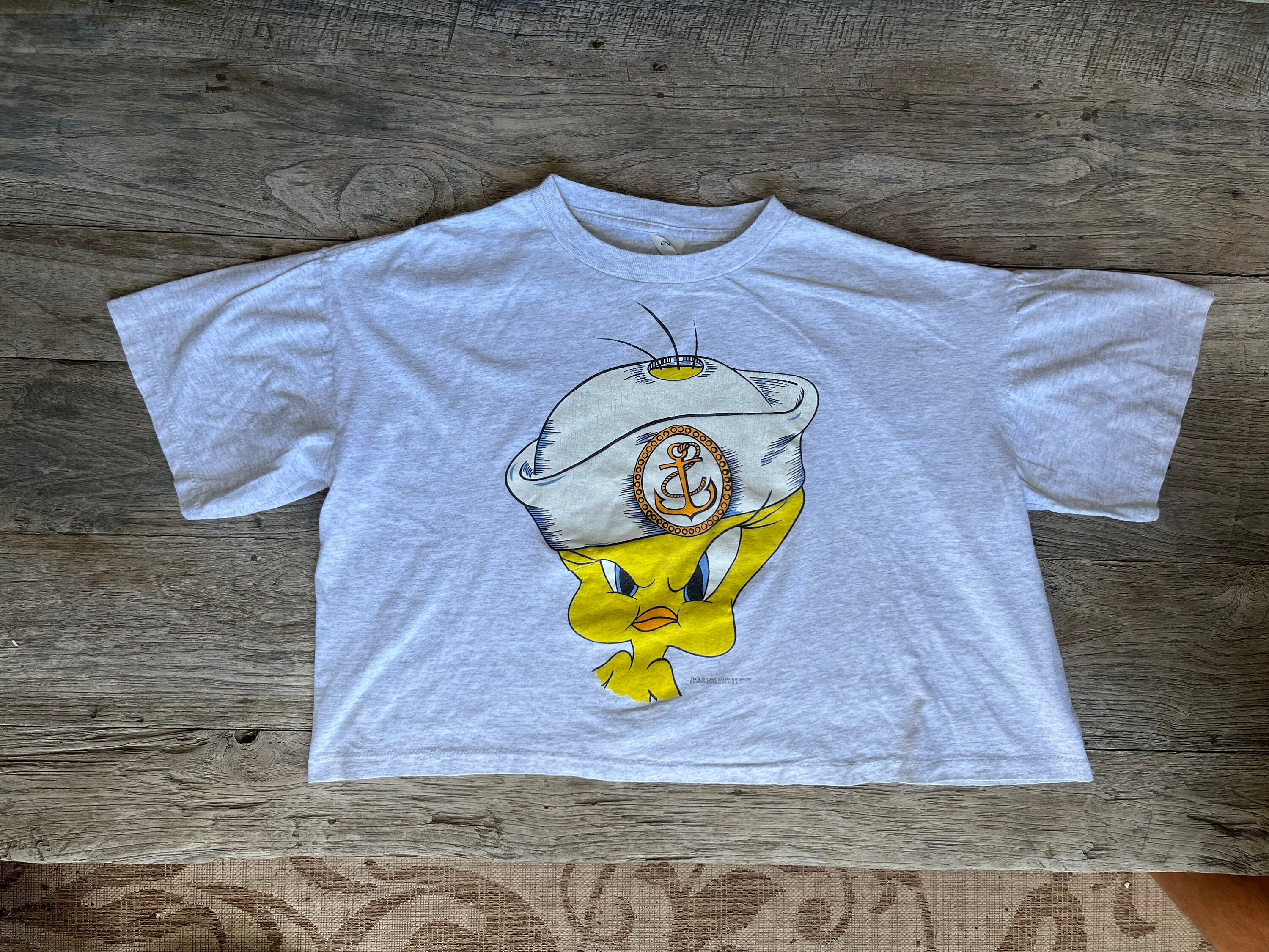 Tweety Bird in a Sailor Cap 1994 Vintage Cropped T-shirt - Gray 