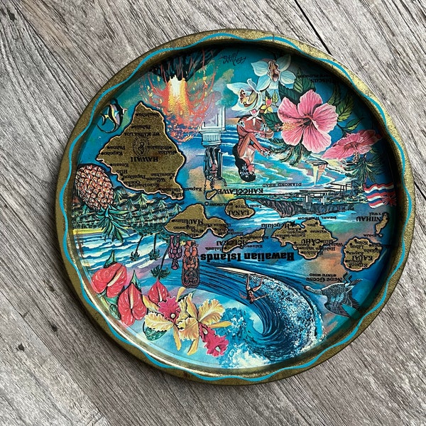 Hawaii 1970s vintage round tin decorative plate - 11 inches across