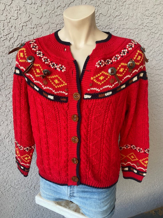 Red concho and tassel western 1990s knit sweater v