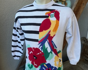 Suéter vintage de pájaro tropical para mujer, años 80, talla pequeña