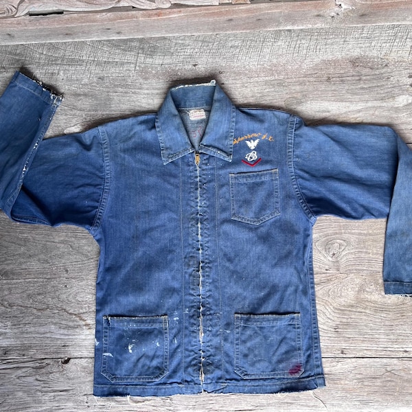 1940s WWII US Navy Denim Deck Jacket, Zip Front, "Sparrow" embroidered
