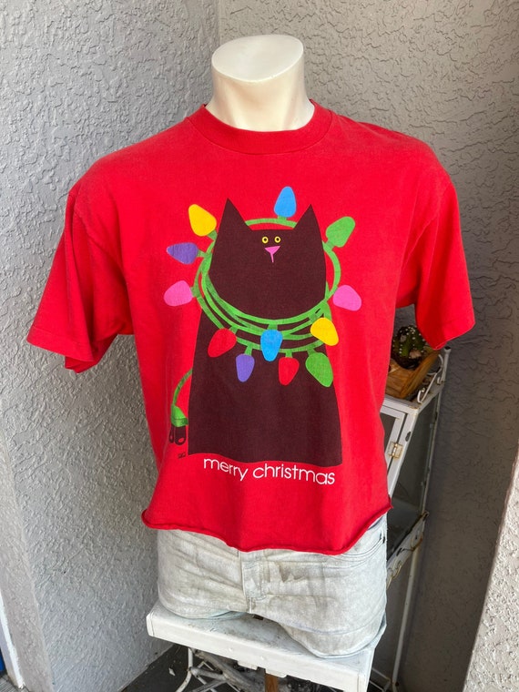 Merry Christmas Cats 1980s vintage cropped t-shirt