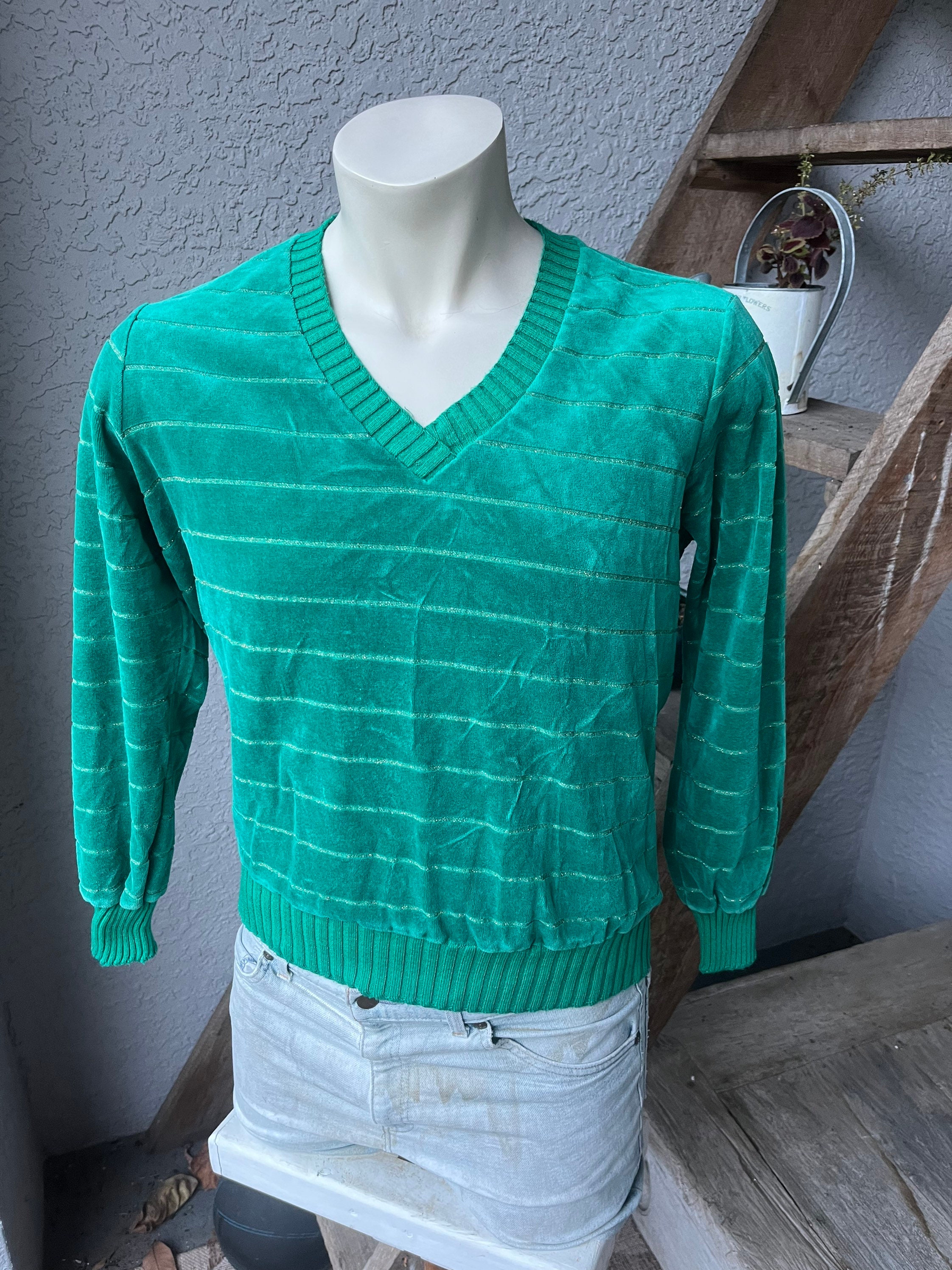 Sears 1970s Vintage Velour Green V-neck Pullover With Sears 1970s Vintage Velour Green V-neck Pullover With