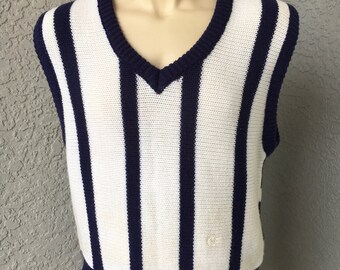 Vintage OP Ocean Pacific 1990s acrylic sweater vest - blue and white striped size medium