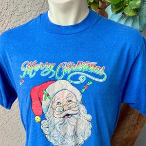 Santa Claus Merry Christmas 1980s vintage t-shirt - single stitch blue size large/XL