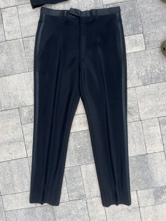 After Six 1980s vintage black tuxedo with cumber bun … Gem