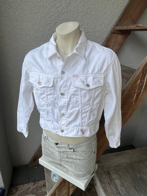 1980s GUESS vintage white denim cropped jacket - s