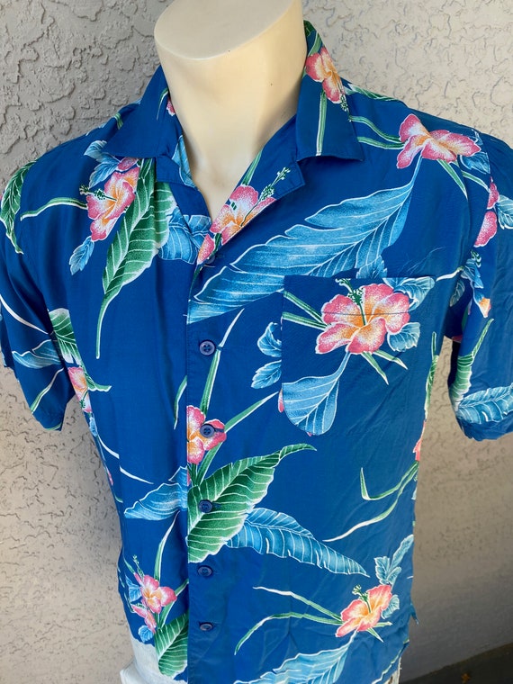 Islander 1980s vintage rayon Hawaiian shirt blue … - image 6