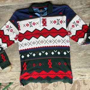 Vintage 1990s Chaps Ralph Lauren long sleeve southwestern style rugby polo shirt - blue white and green size medium
