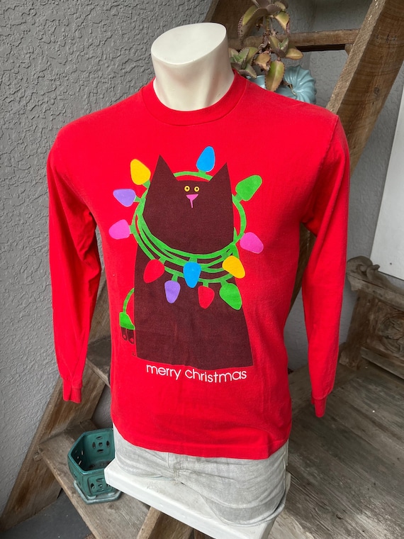 Merry Christmas Cat Tangled in Lights 1990s Vintage Longsleeve T