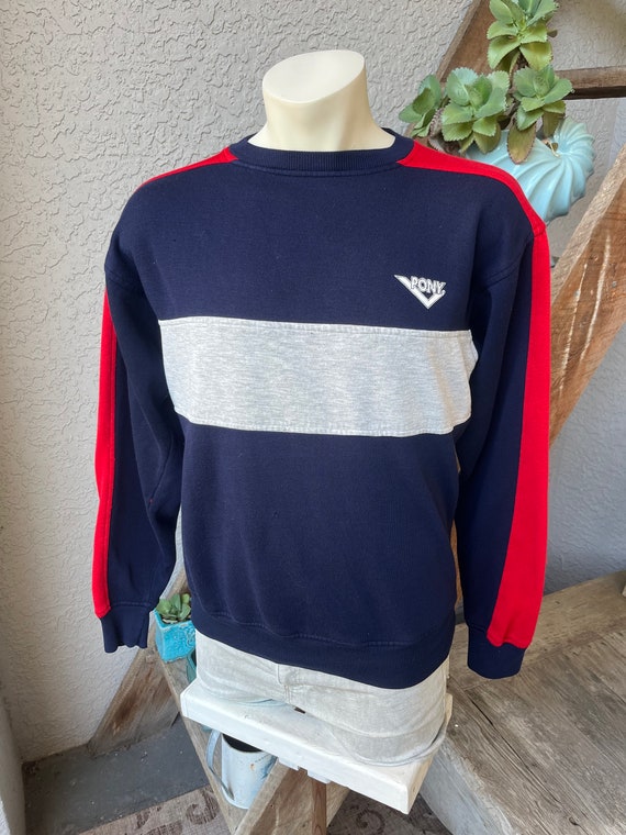 Pony 1980s vintage blue red and gray pullover swe… - image 2